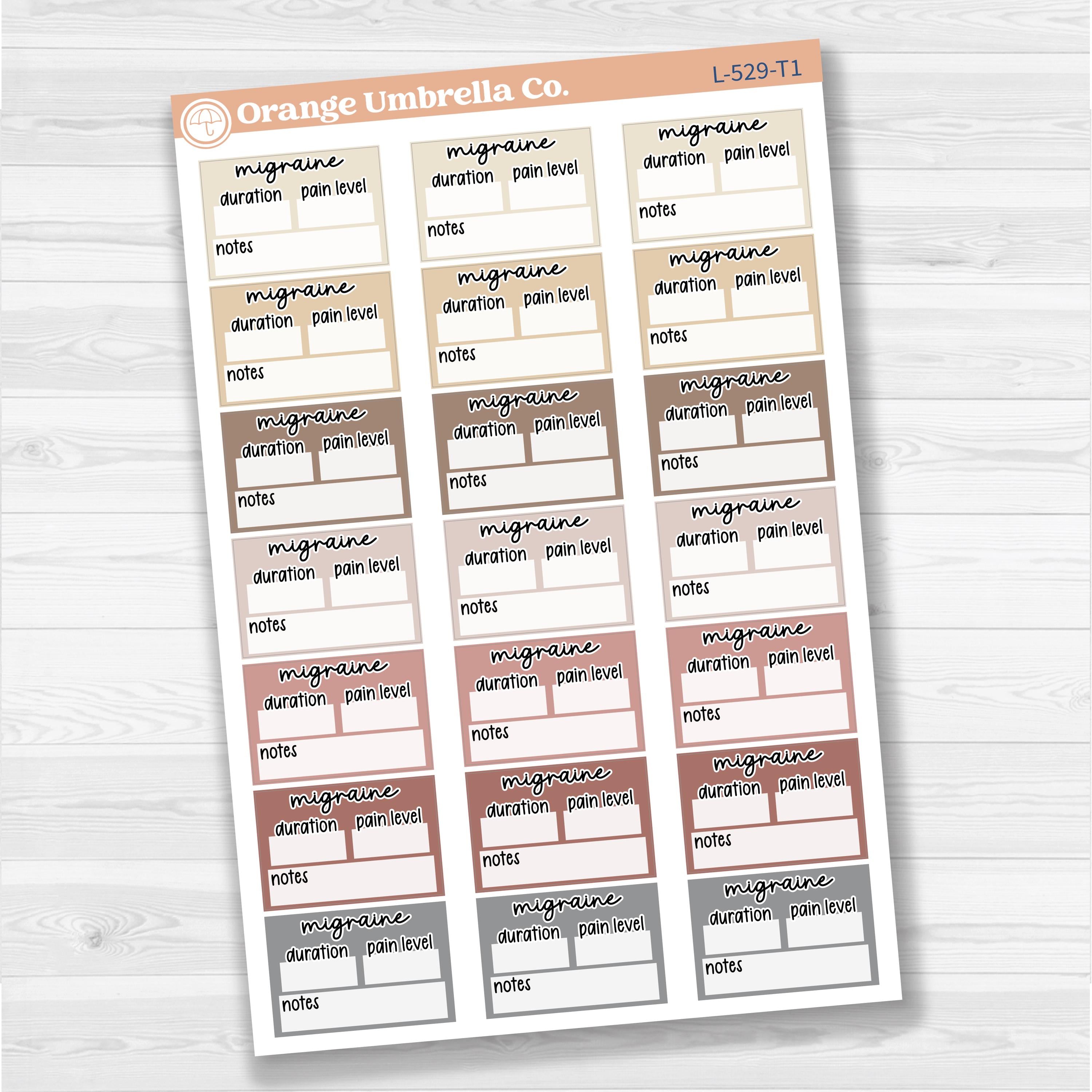 Migraine tracker half box stickers for planners, wellness and health tracking, removable white matte.