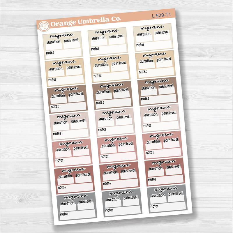 Migraine tracker half box stickers for planners, wellness and health tracking, removable white matte.