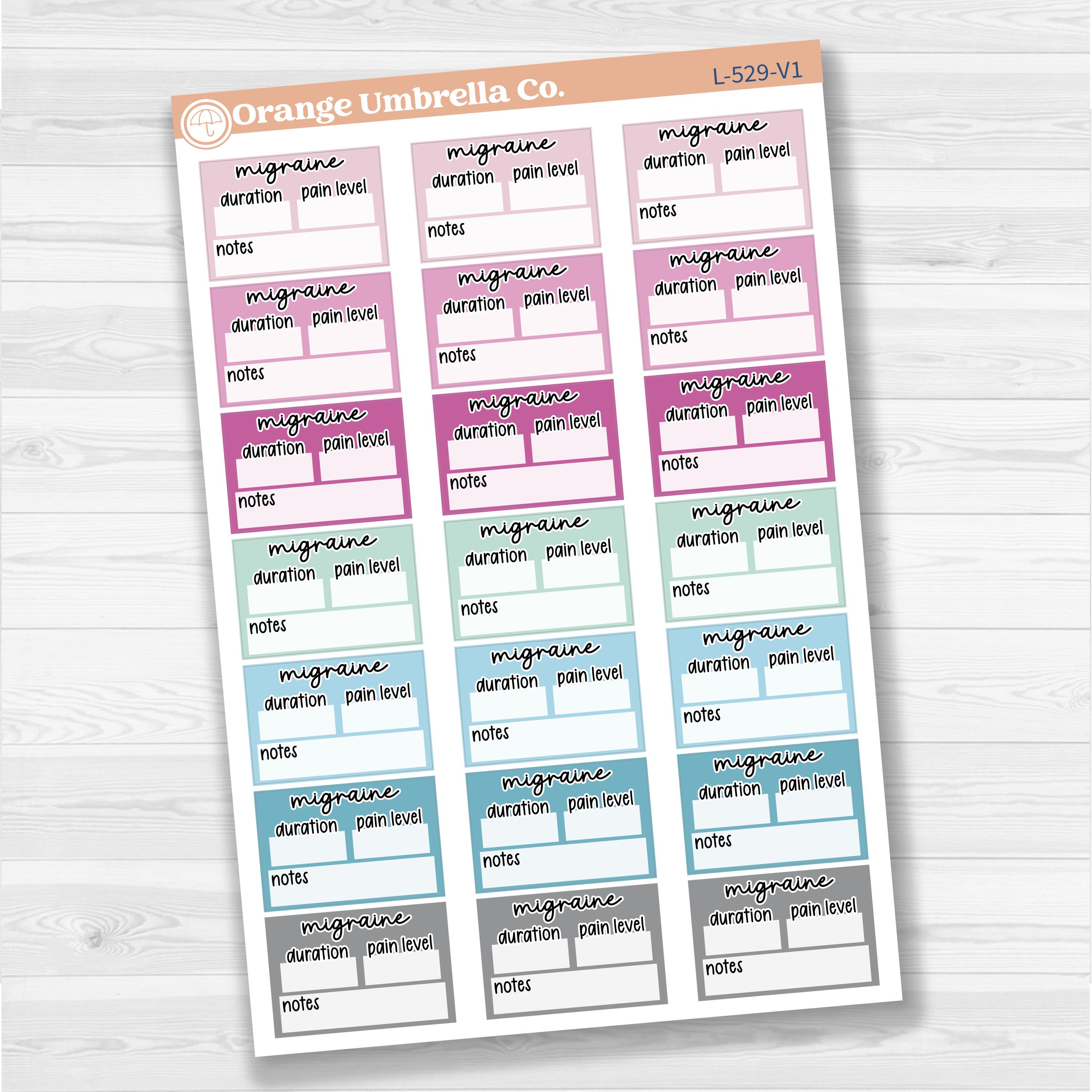 Migraine tracker half box stickers for planners, wellness and health tracking, removable white matte.