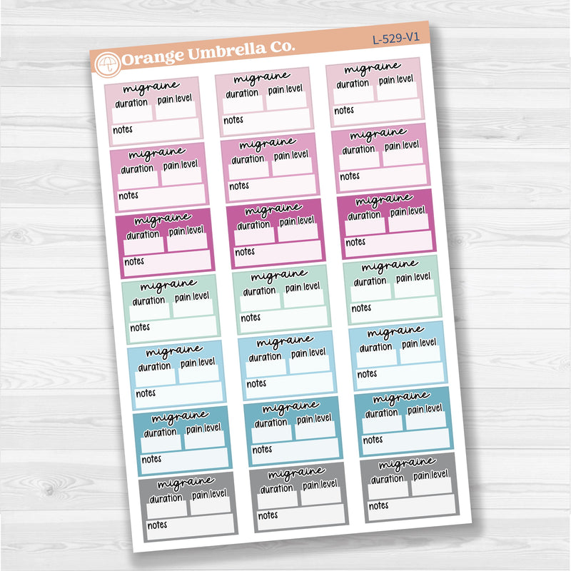 Migraine tracker half box stickers for planners, wellness and health tracking, removable white matte.