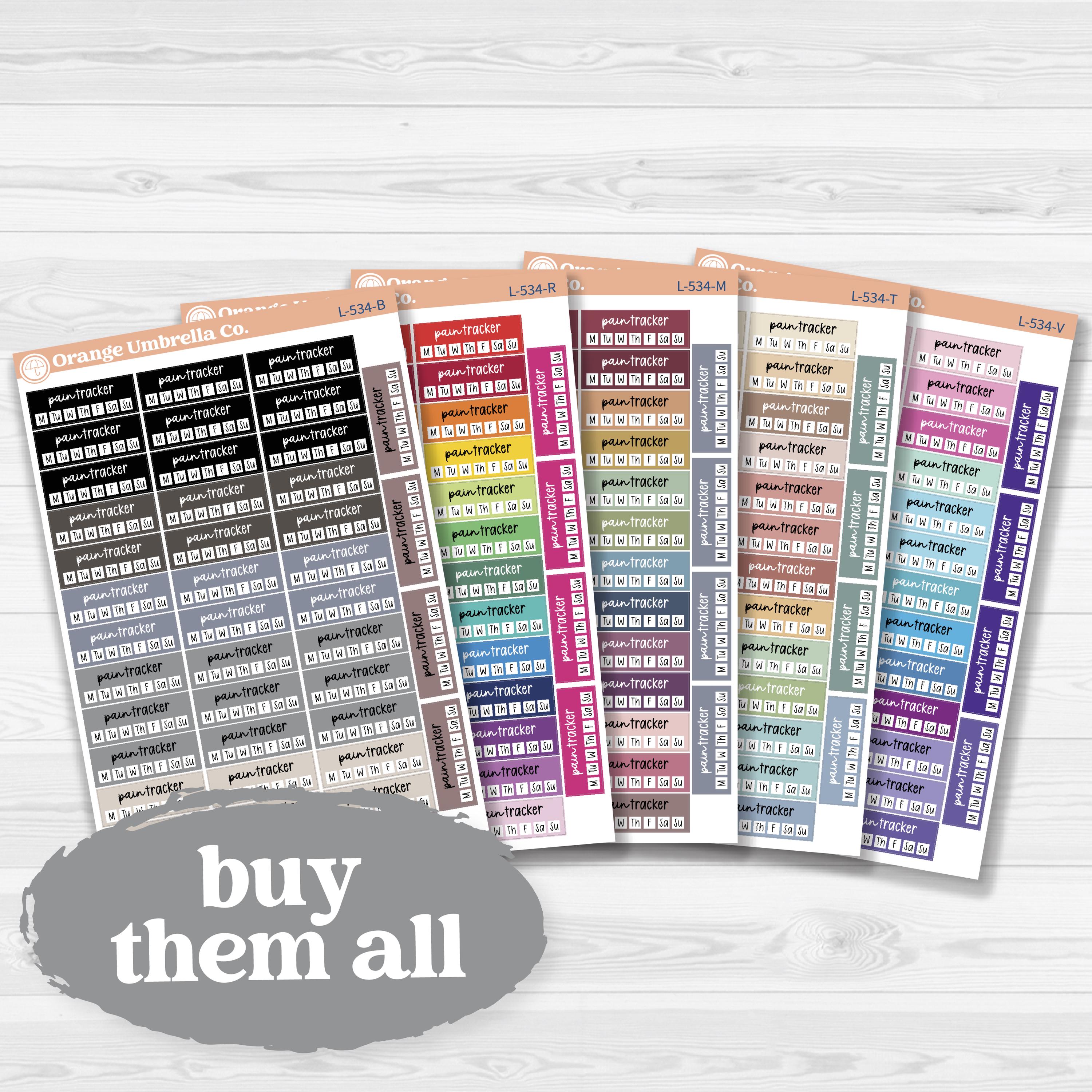 Removable white matte pain tracker sticker sheet with F17 font, for health and wellness tracking in planners and journals.