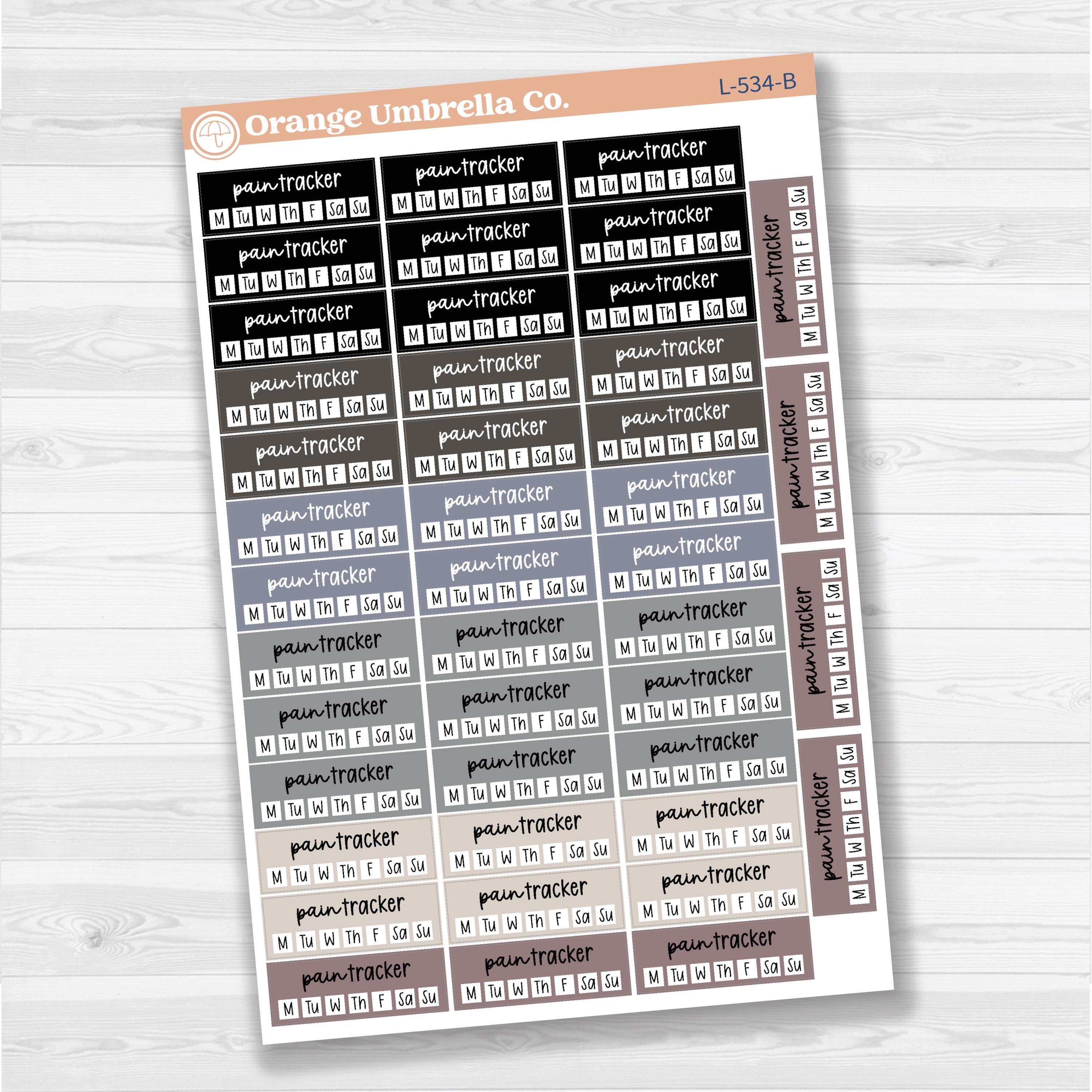 Removable white matte pain tracker sticker sheet with F17 font, for health and wellness tracking in planners and journals.