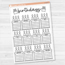 Birthday tracker full page dashboard sticker with cake illustrations for each month, available in A5 and 7x9 planner sizes, removable white matte.