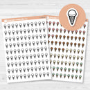 Removable white matte ice cream cone planner sticker sheet with 99 small icons for summer, birthdays, and sweet treats.