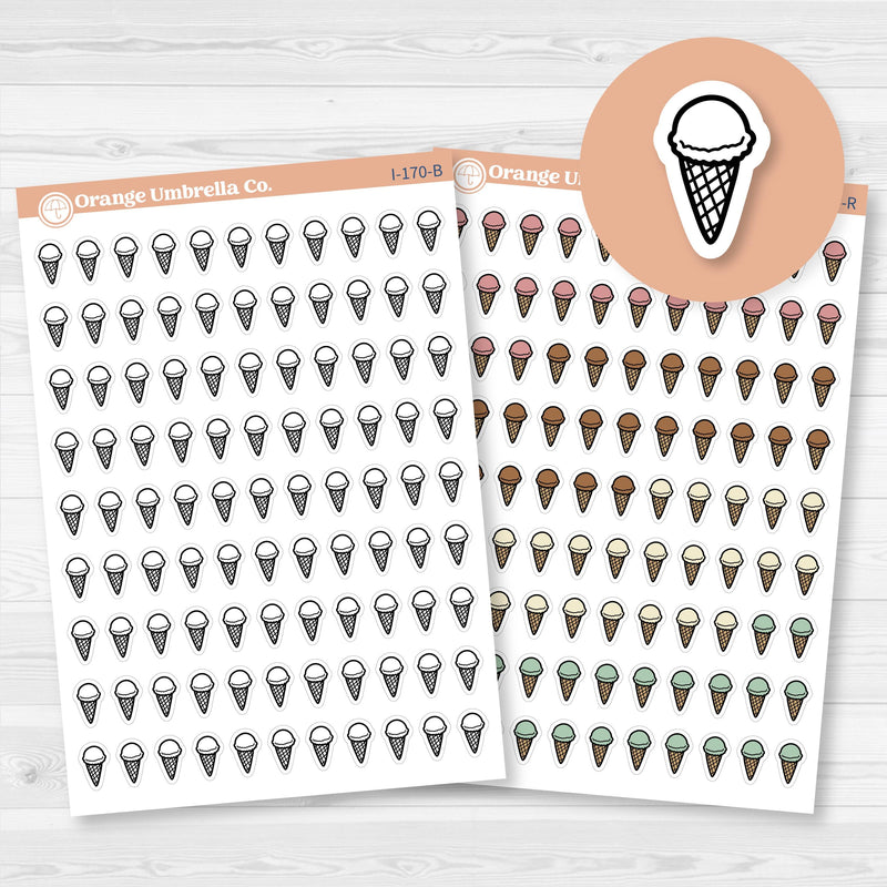 Removable white matte ice cream cone planner sticker sheet with 99 small icons for summer, birthdays, and sweet treats.
