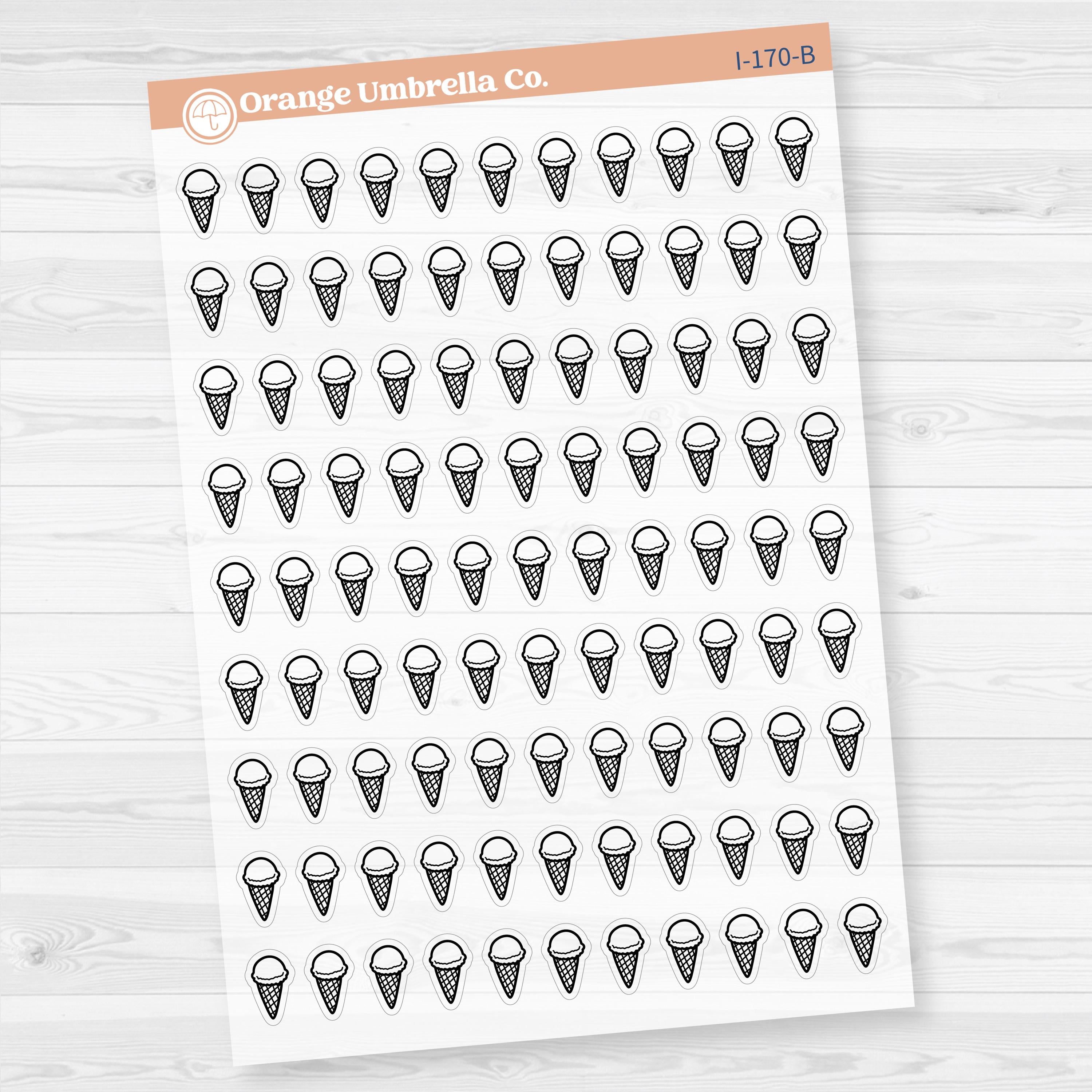Clear matte ice cream cone planner sticker sheet with 99 small icons for summer, birthdays, and sweet treat spreads.