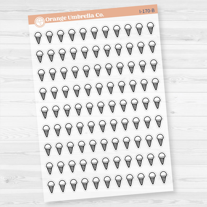 Clear matte ice cream cone planner sticker sheet with 99 small icons for summer, birthdays, and sweet treat spreads.