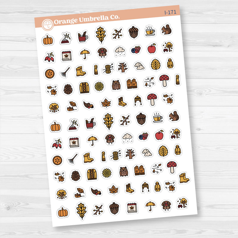 White matte fall and autumn icon sticker sheet with 92 cozy seasonal designs including pumpkins, leaves, and mugs.