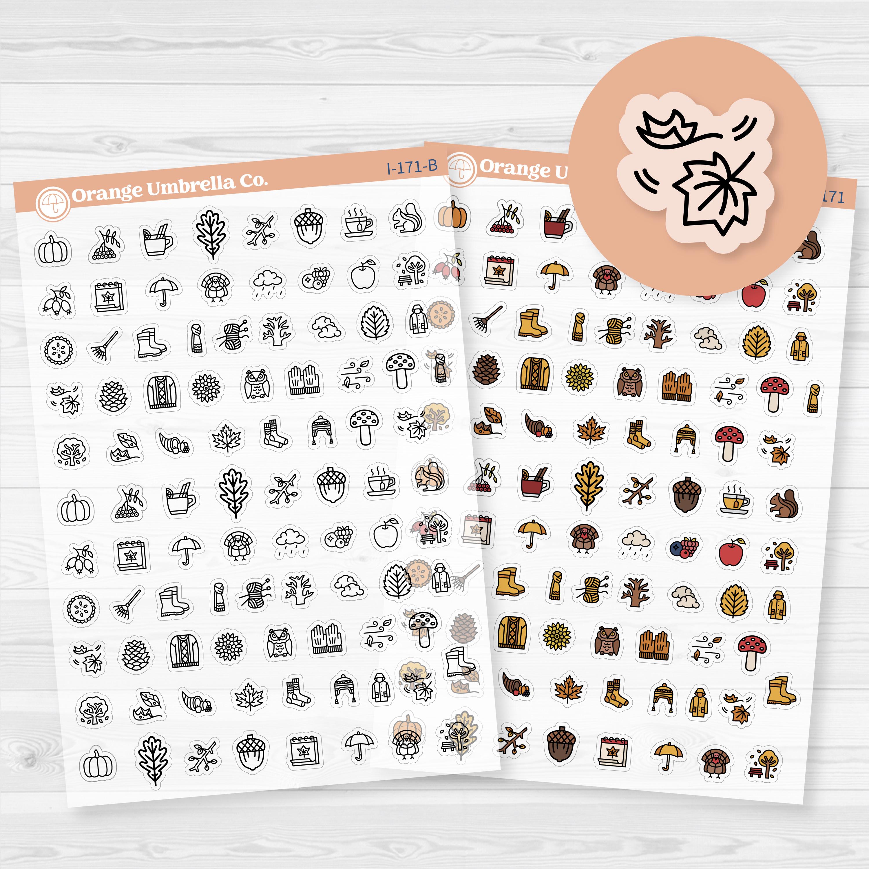Clear matte fall and autumn icon sticker sheet with 92 cozy seasonal designs including pumpkins, leaves, and mugs.
