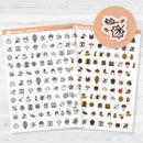 Clear matte fall and autumn icon sticker sheet with 92 cozy seasonal designs including pumpkins, leaves, and mugs.