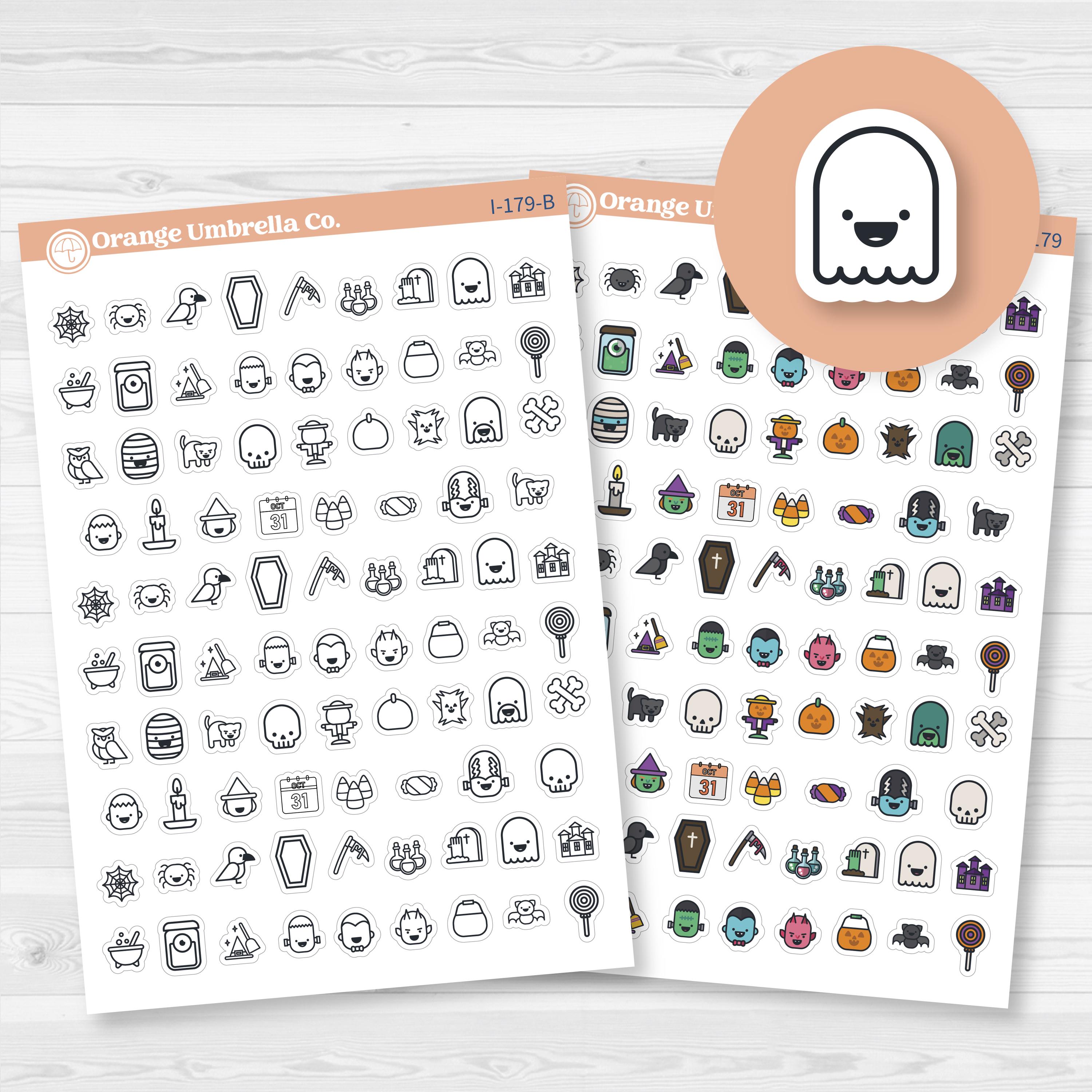 White matte Halloween icon sticker sheet with 86 spooky-themed planner icons.
