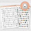 White matte Halloween icon sticker sheet with 86 spooky-themed planner icons.