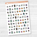 White matte Halloween icon sticker sheet with 86 spooky-themed planner icons.