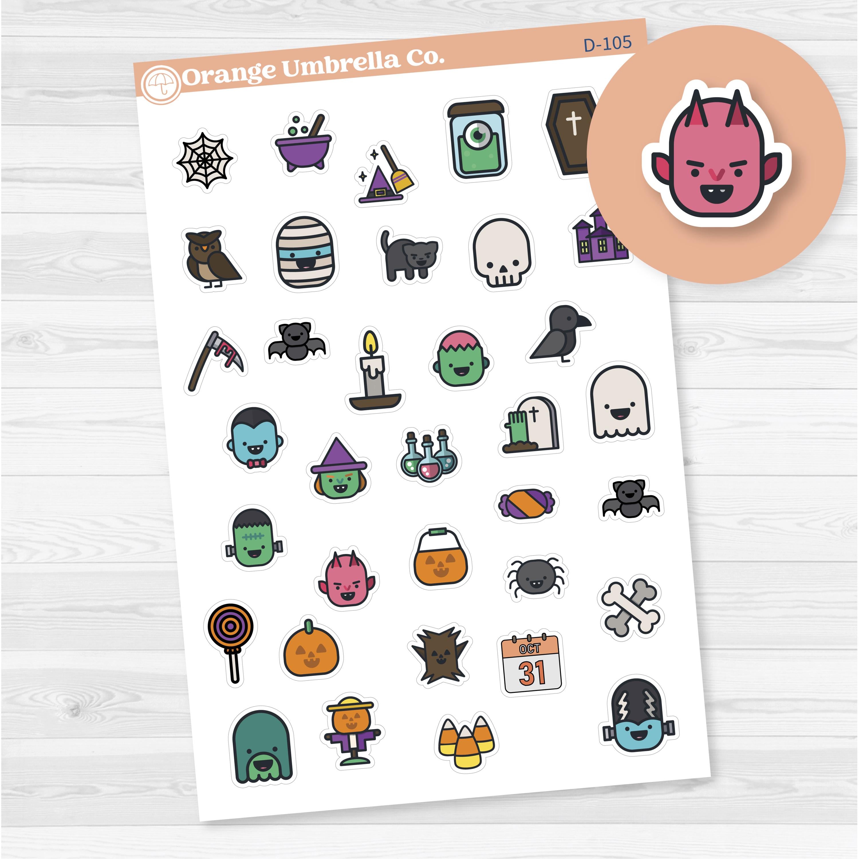 White matte Halloween deco sticker sheet with 35 cute spooky-themed planner decorations
