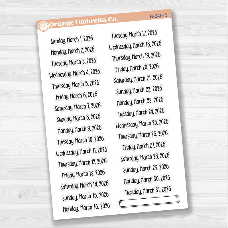 White removable matte planner sticker sheet with January–June 2026 dates in F18 font.
