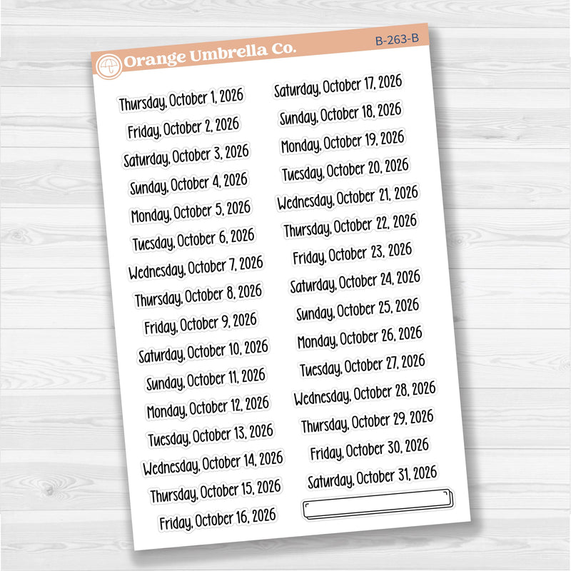 Sheet of white matte planner stickers with dates for July-December 2026 in F18 font, 31 total.
