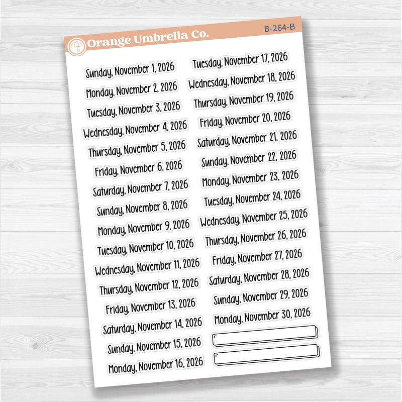 Sheet of white matte planner stickers with dates for July-December 2026 in F18 font, 31 total.