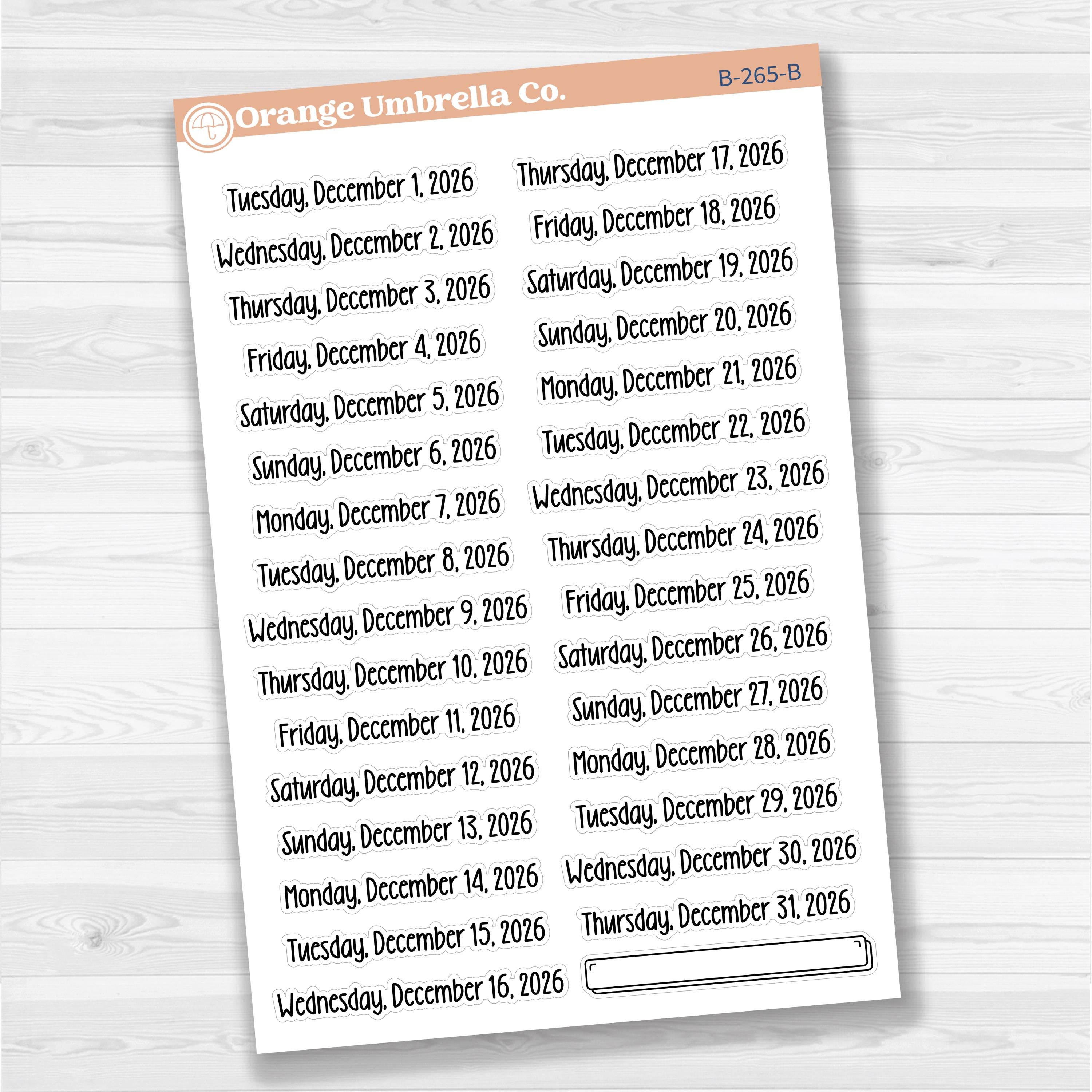Sheet of white matte planner stickers with dates for July-December 2026 in F18 font, 31 total.