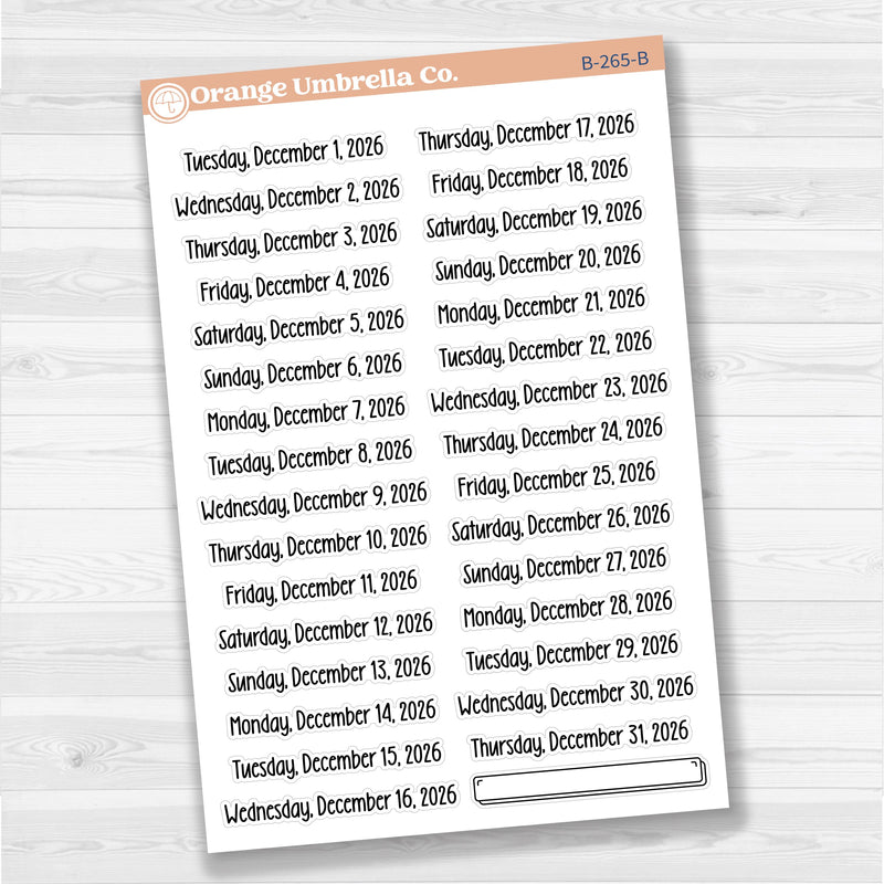 Sheet of white matte planner stickers with dates for July-December 2026 in F18 font, 31 total.