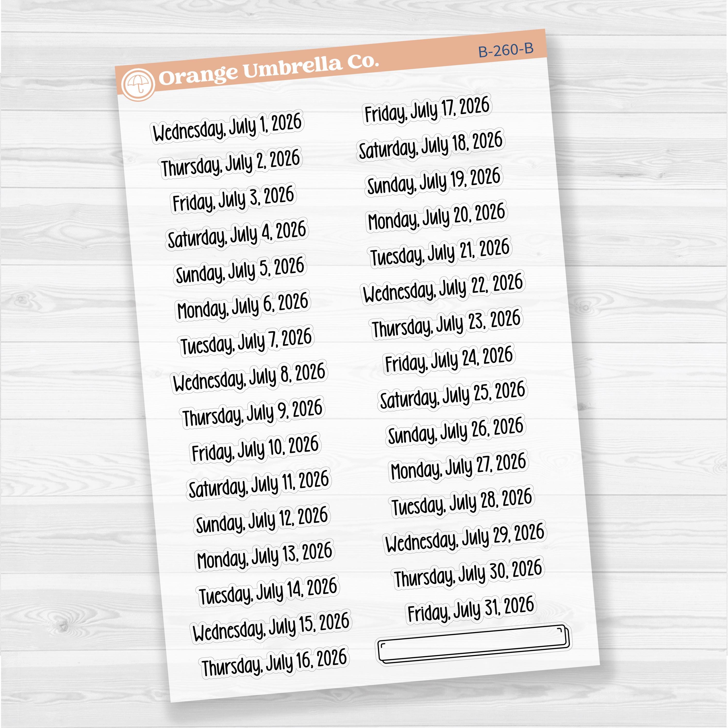Sheet of clear matte planner stickers with dates for July-December 2026 in F18 font, 31 total.