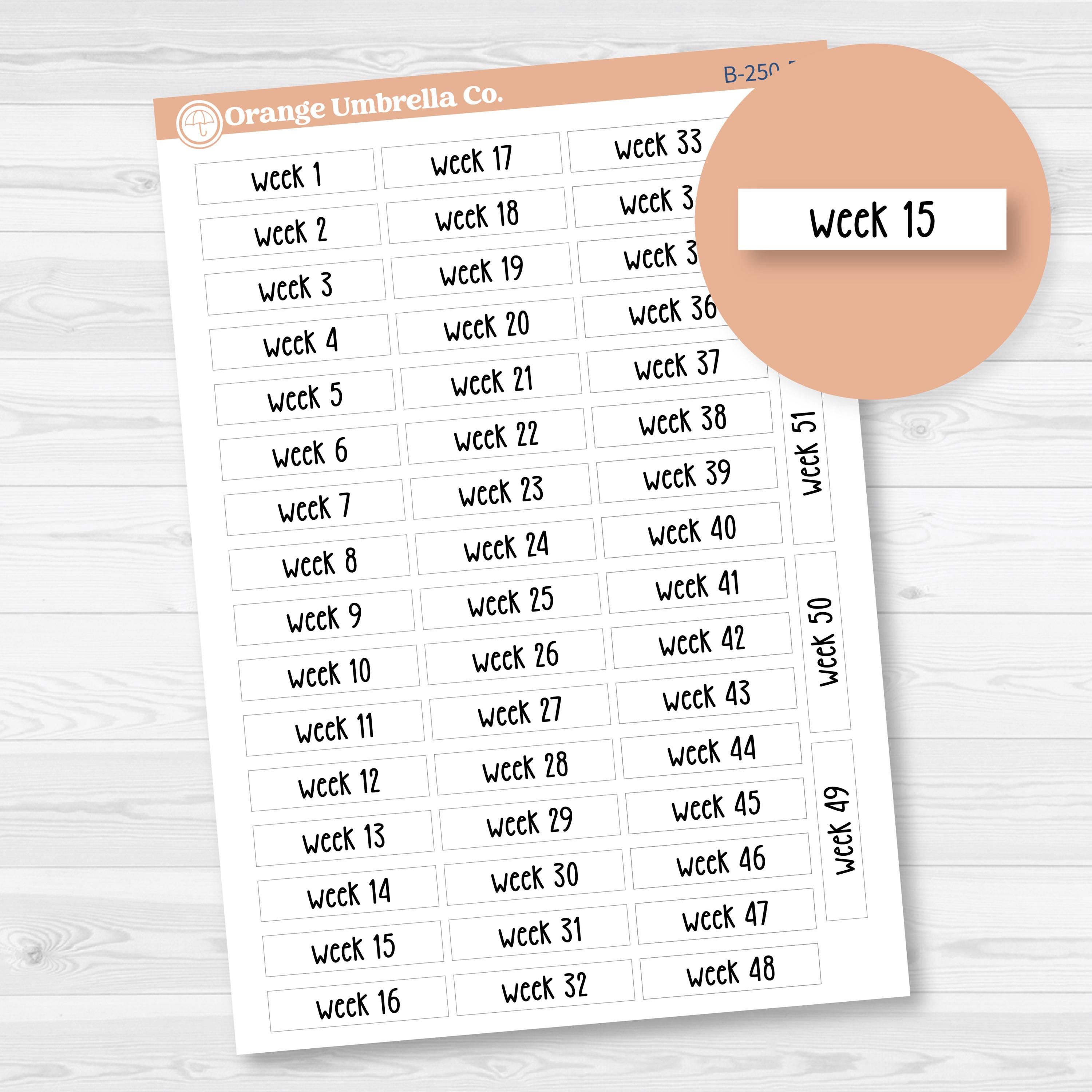 Week 1–52 Stickers | Week of the Year Planner Stickers | B-250-B