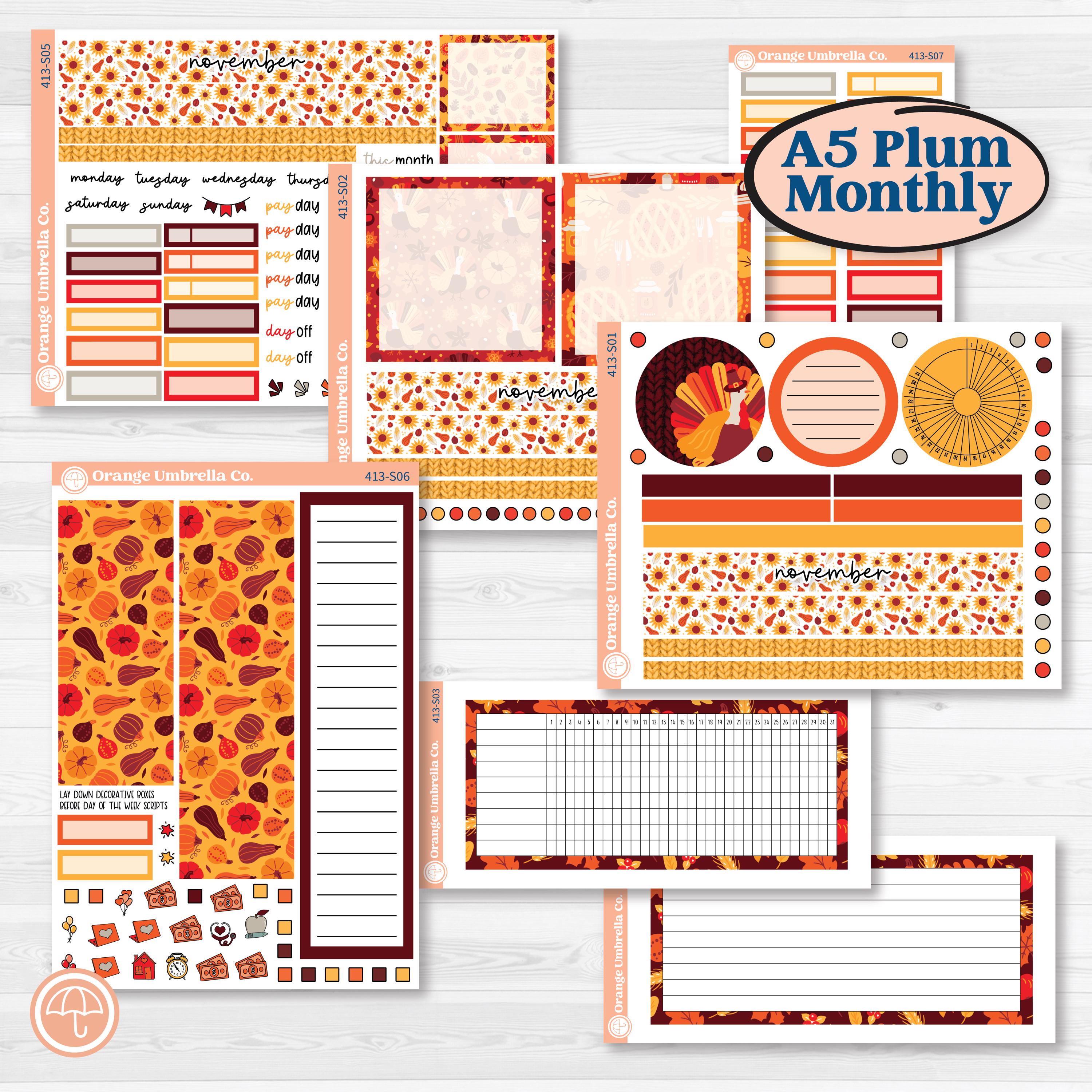 Thanksgiving Autumn Kit | A5 Plum Monthly & Dashboard Planner Kit Stickers | Gobble | KIT-413-S