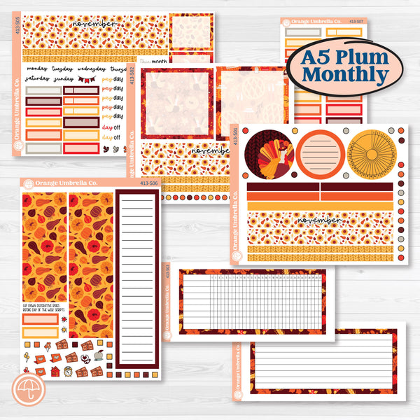 Thanksgiving Autumn Kit | A5 Plum Monthly & Dashboard Planner Kit Stickers | Gobble | KIT-413-S