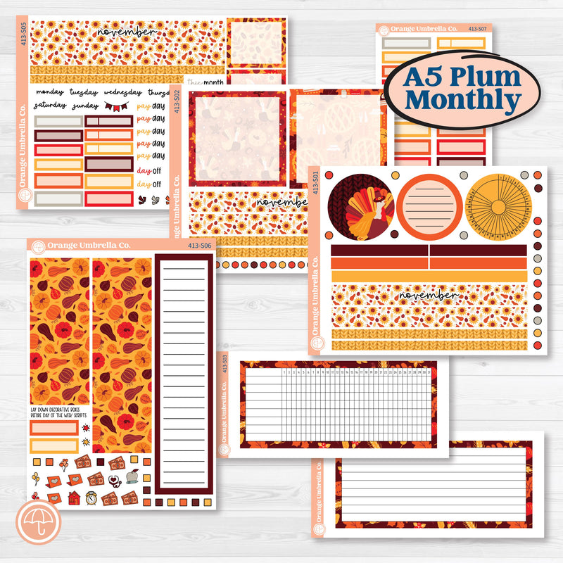 Thanksgiving Autumn Kit | A5 Plum Monthly & Dashboard Planner Kit Stickers | Gobble | KIT-413-S