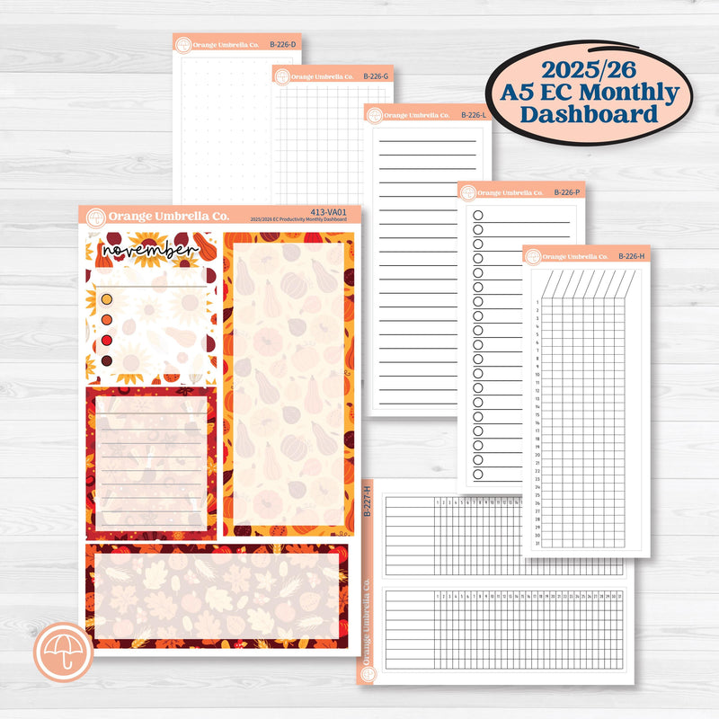 Thanksgiving Autumn Kit | A5 Erin Condren Monthly Dashboard Sticker Kit | 2025-2026 Planners | Gobble | KIT-413-VA