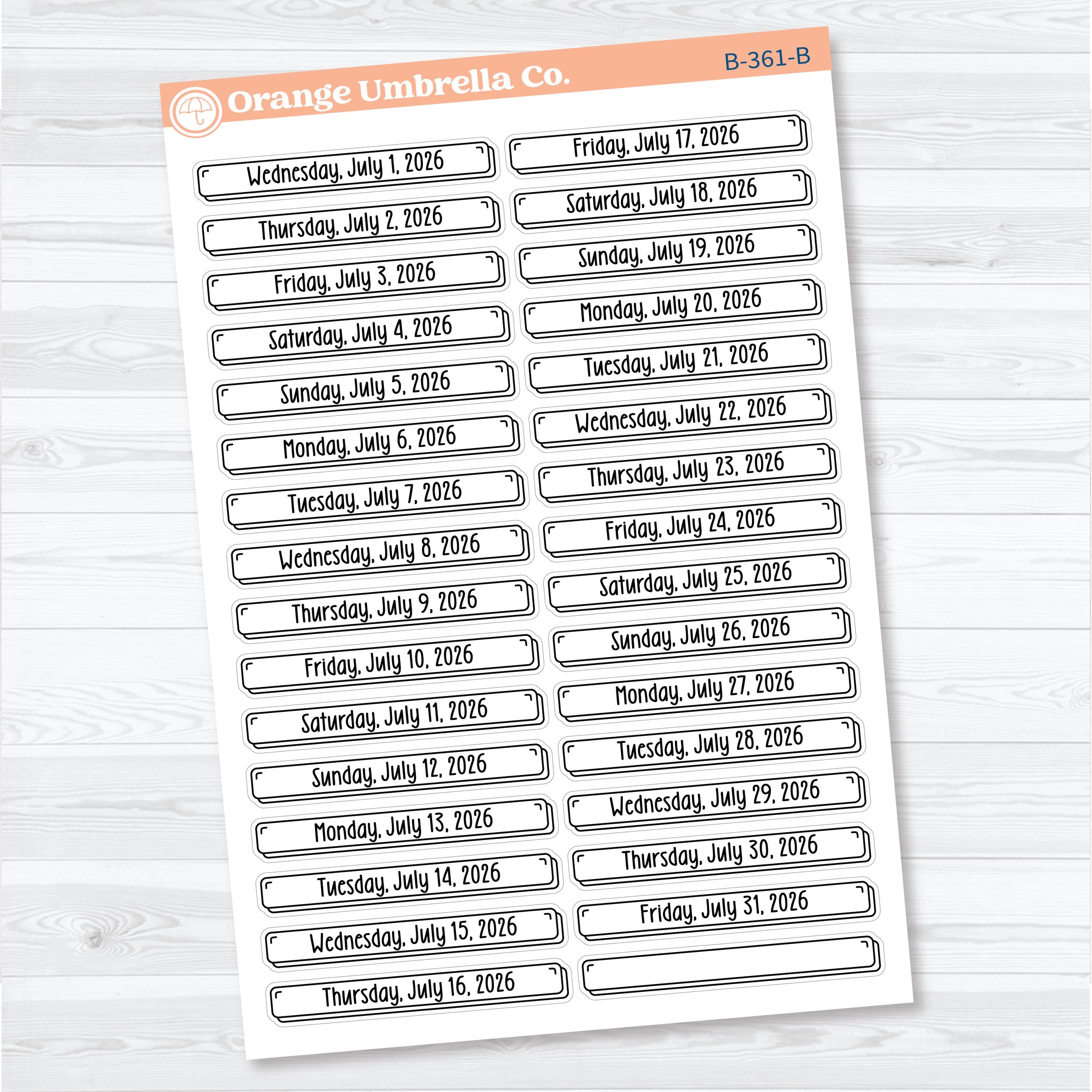 2026 Dates of the Month Labels | F18 Planner Stickers | July–December | B-361-366-B