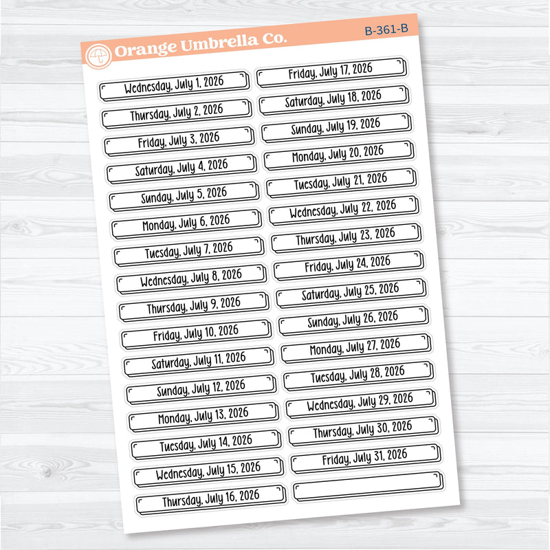 2026 Dates of the Month Labels | F18 Planner Stickers | July–December | B-361-366-B