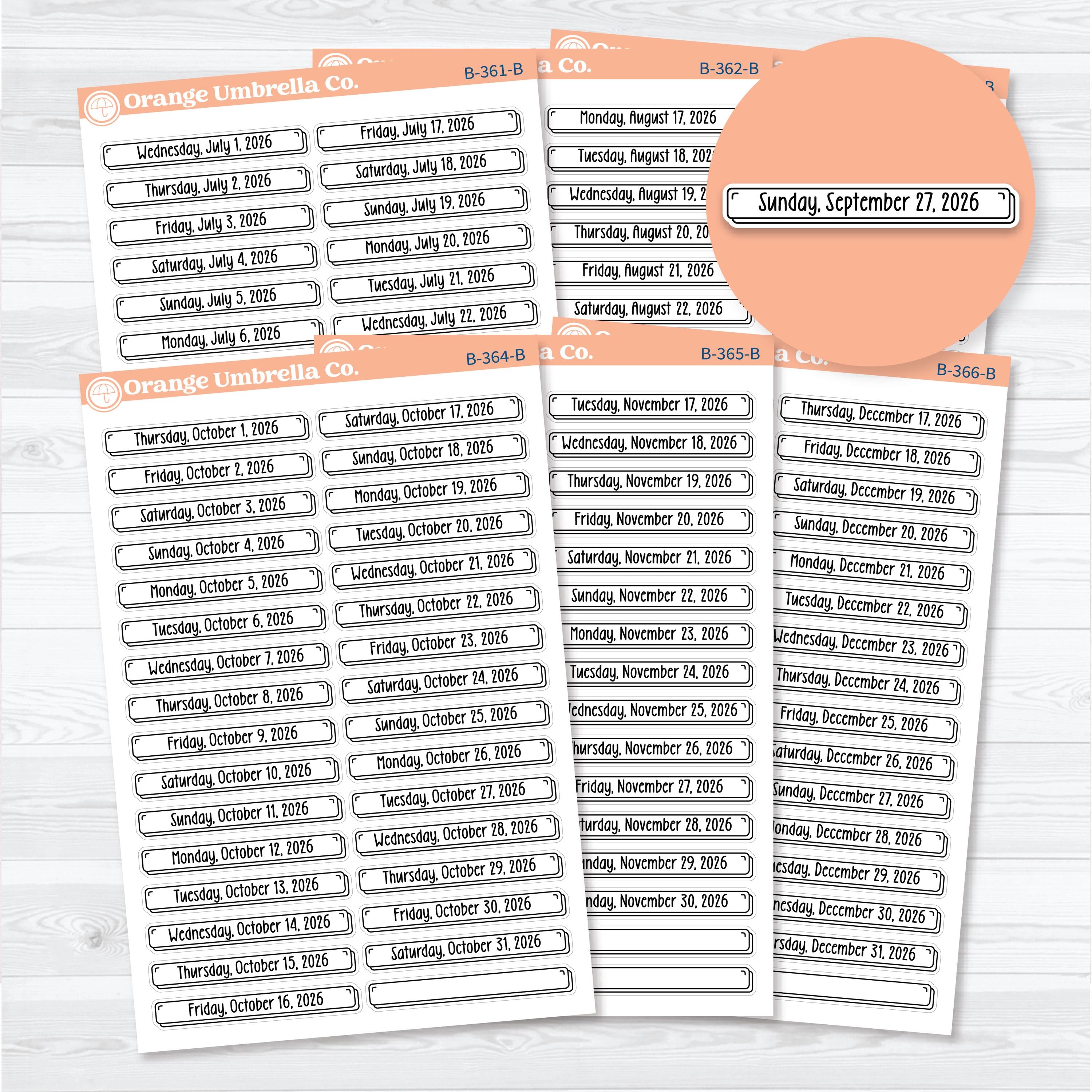 2026 Dates of the Month Labels | F18 Planner Stickers | July–December | B-361-366-B