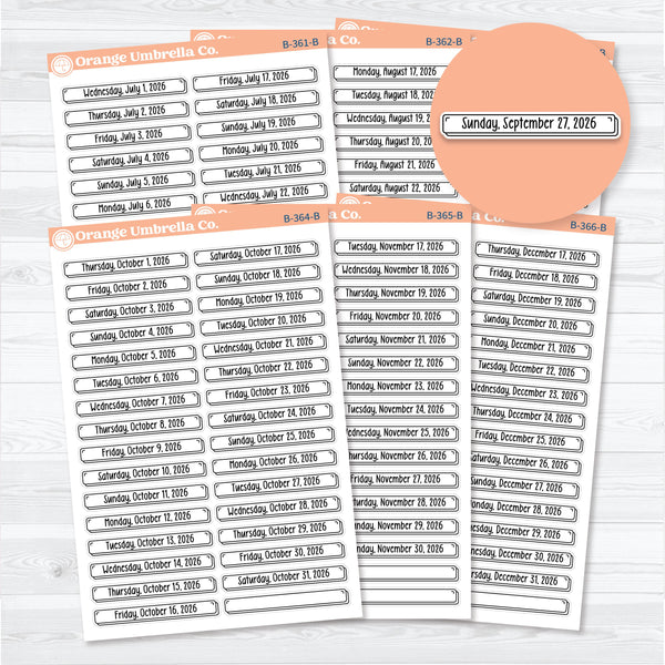 2026 Dates of the Month Labels | F18 Planner Stickers | July–December | B-361-366-B