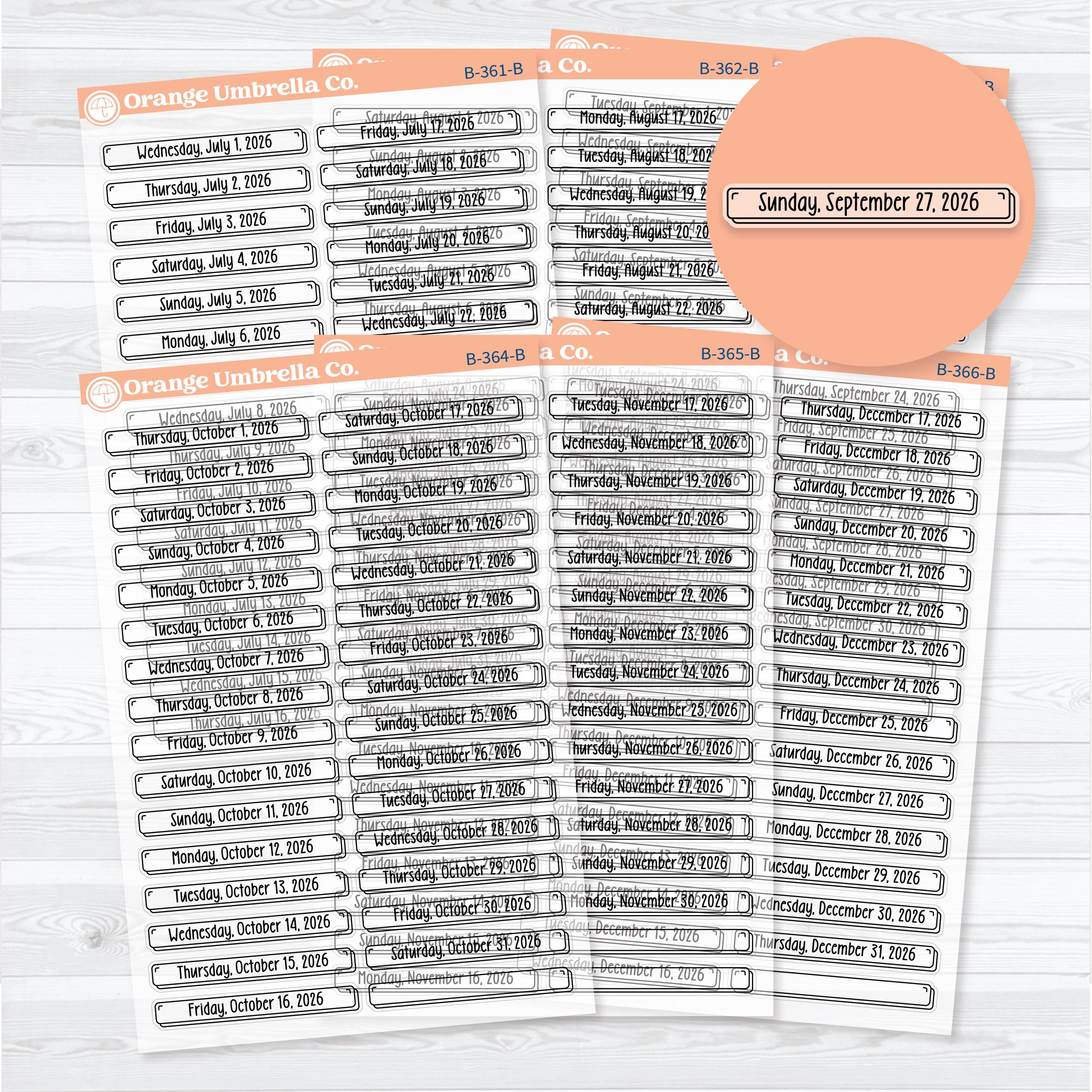 2026 Dates of the Month Labels | Clear Matte F18 Planner Stickers | July–December | B-361-366-BCM
