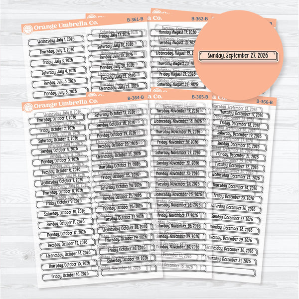 2026 Dates of the Month Labels | Clear Matte F18 Planner Stickers | July–December | B-361-366-BCM