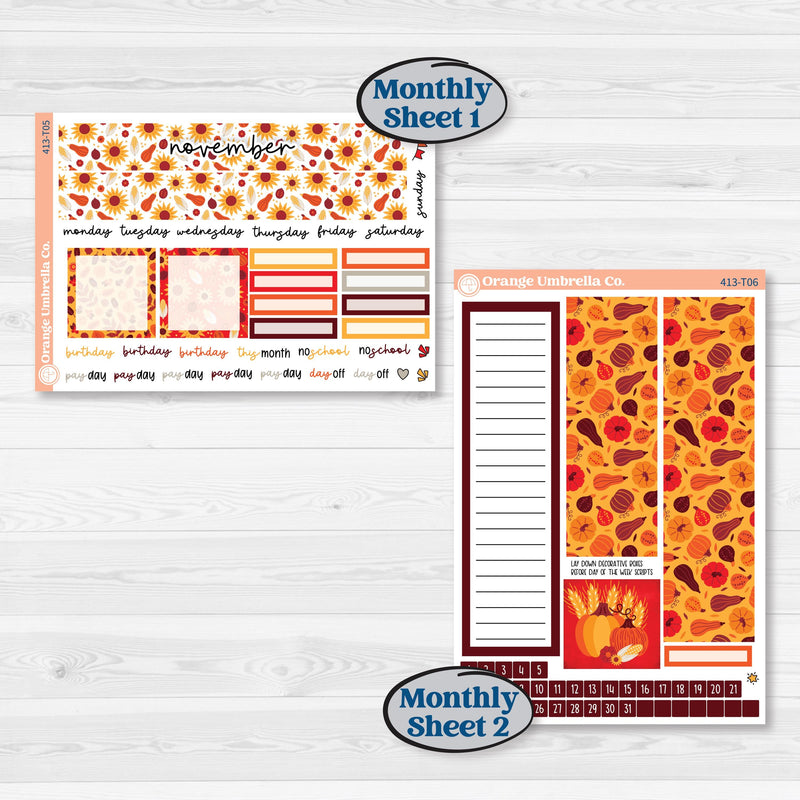 Thanksgiving Autumn Kit | 7x9 Plum Monthly & Dashboard Planner Kit Stickers | Gobble | KIT-413-T