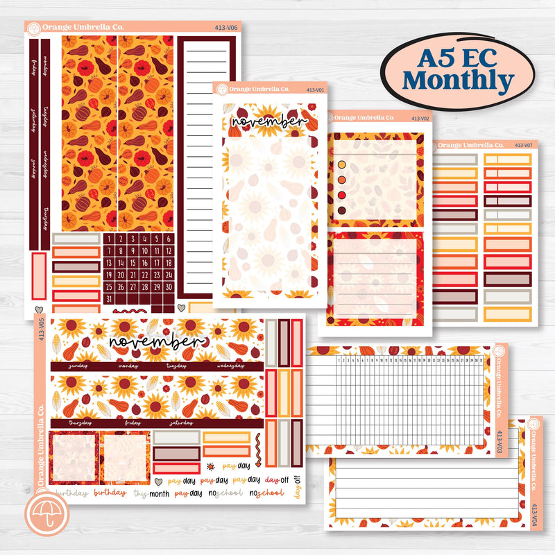 Thanksgiving Autumn Kit | A5 Erin Condren Monthly & Dashboard Sticker Kit | 2024-2025 Planners | Gobble | KIT-413-V