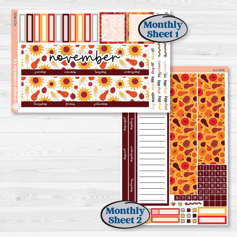 Thanksgiving Autumn Kit | 7x9 Erin Condren Life Planner Monthly & Dashboard Sticker Kit | 2024-2025 Planners | Gobble | KIT-413-W