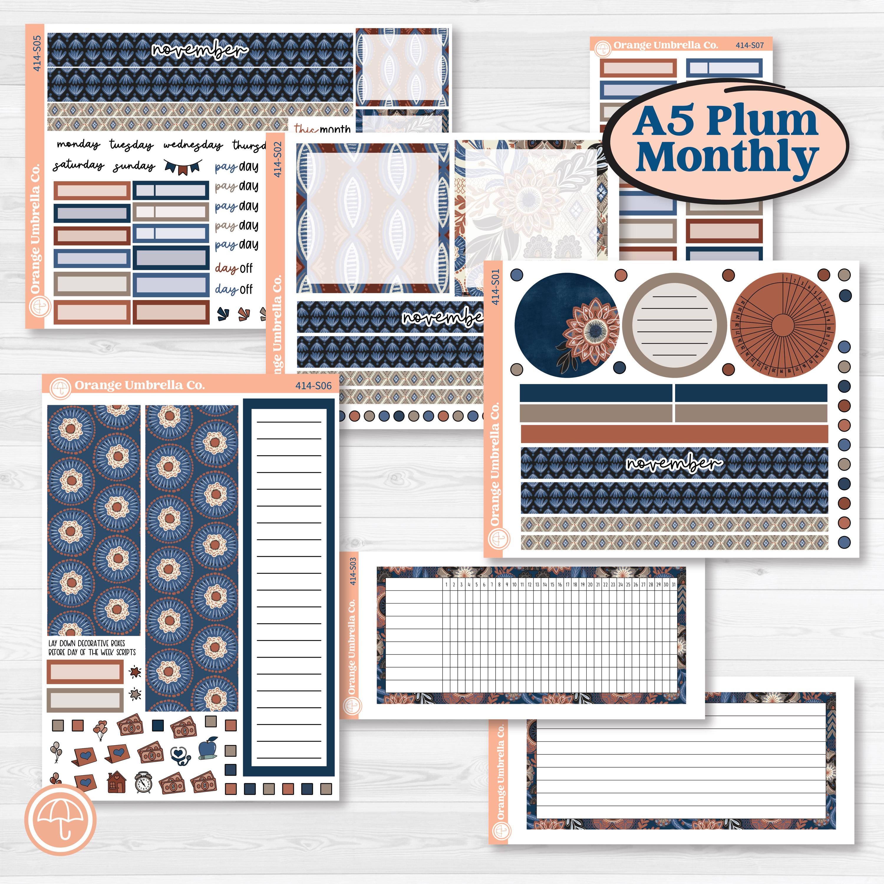 Patterned Boho Sticker Kit | A5 Plum Monthly & Dashboard Planner Kit Stickers | Katie | KIT-414-S