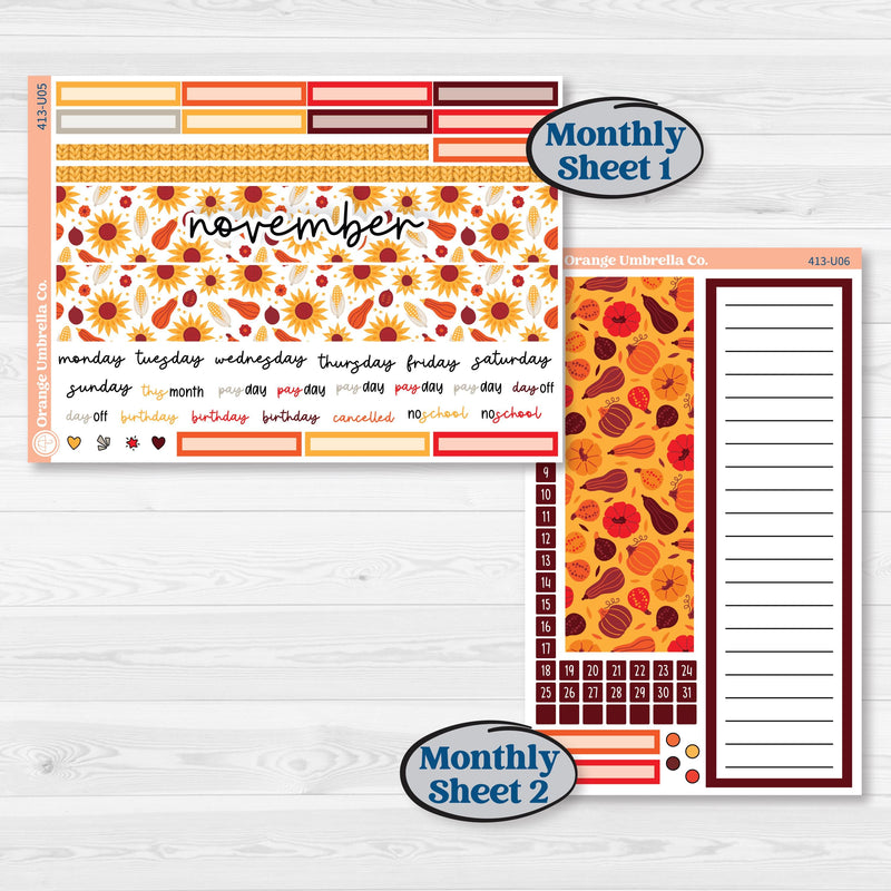 Thanksgiving Autumn Kit | 8.5x11 Plum Monthly & Dashboard Planner Kit Stickers | Gobble | KIT-413-U