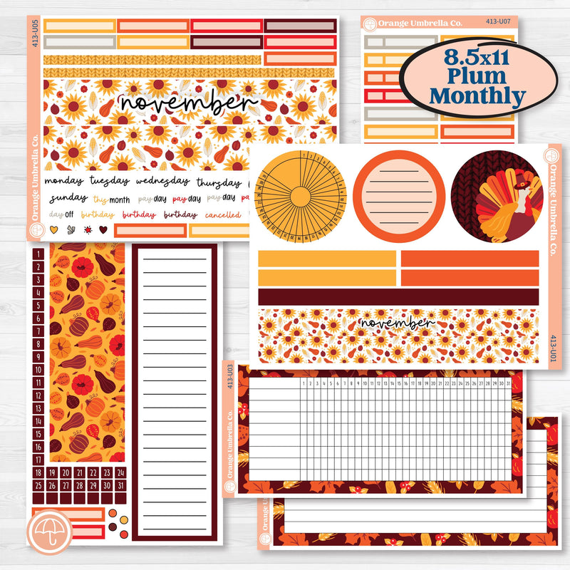 Thanksgiving Autumn Kit | 8.5x11 Plum Monthly & Dashboard Planner Kit Stickers | Gobble | KIT-413-U