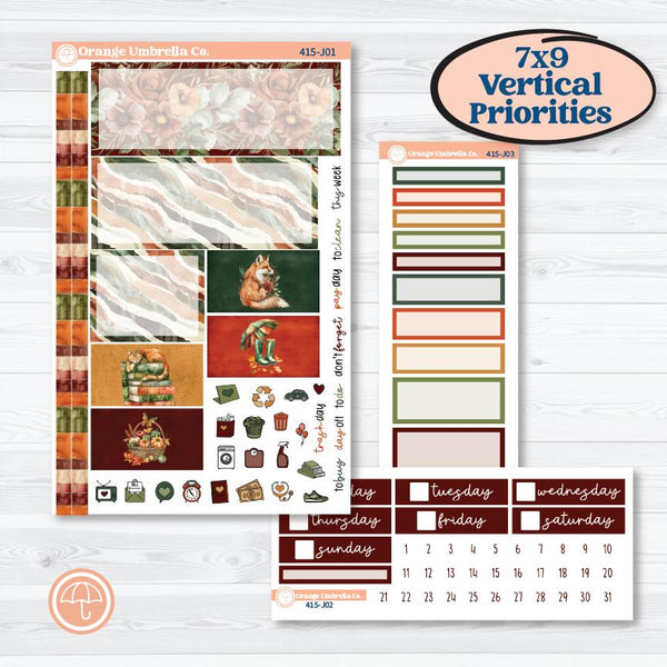 Watercolor Autumn Kit | Plum Vertical Priorities 7x9 Planner Kit Stickers | Crackle | KIT-415-J