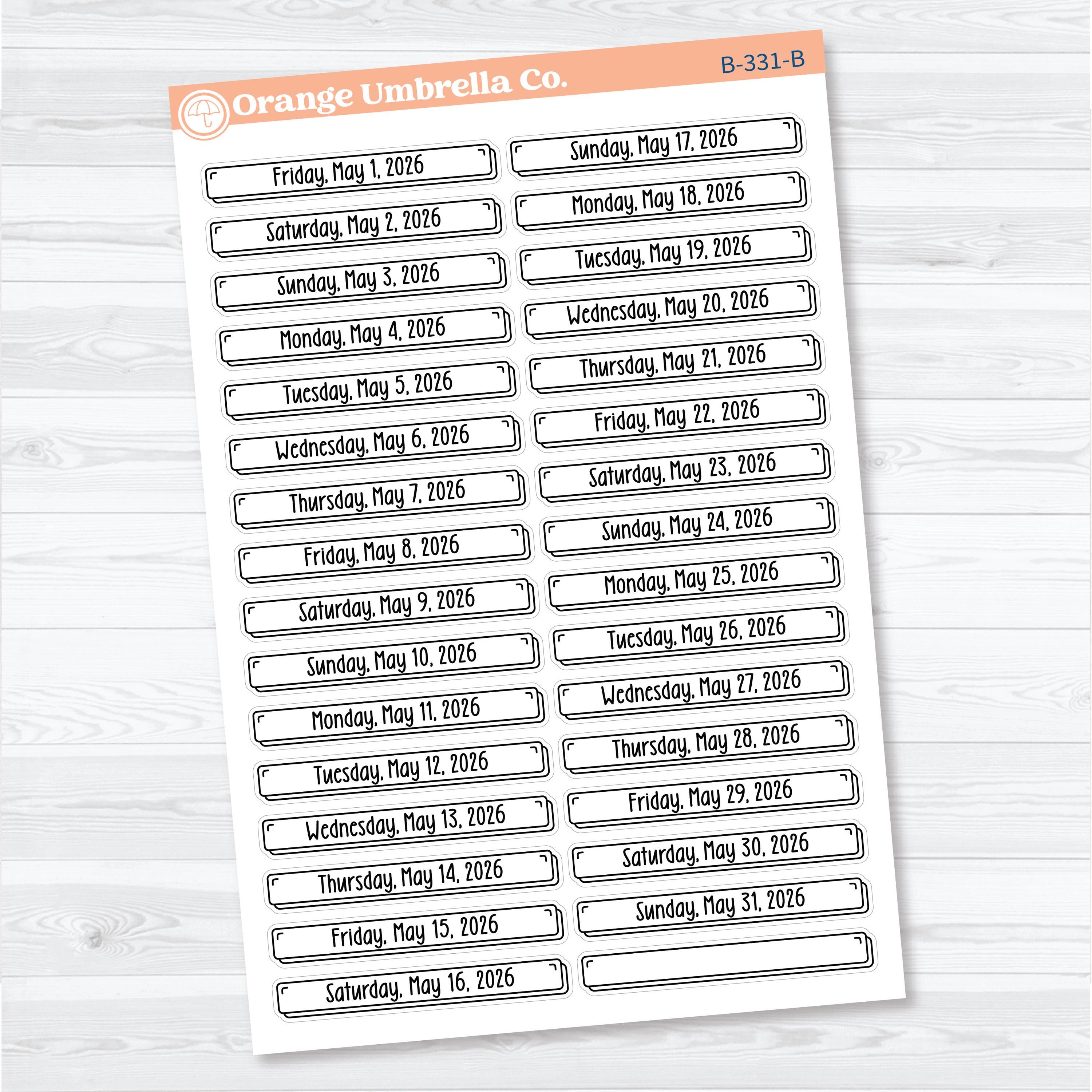 2026 Dates of the Month Labels | F18 Planner Stickers | B-327 to B-332