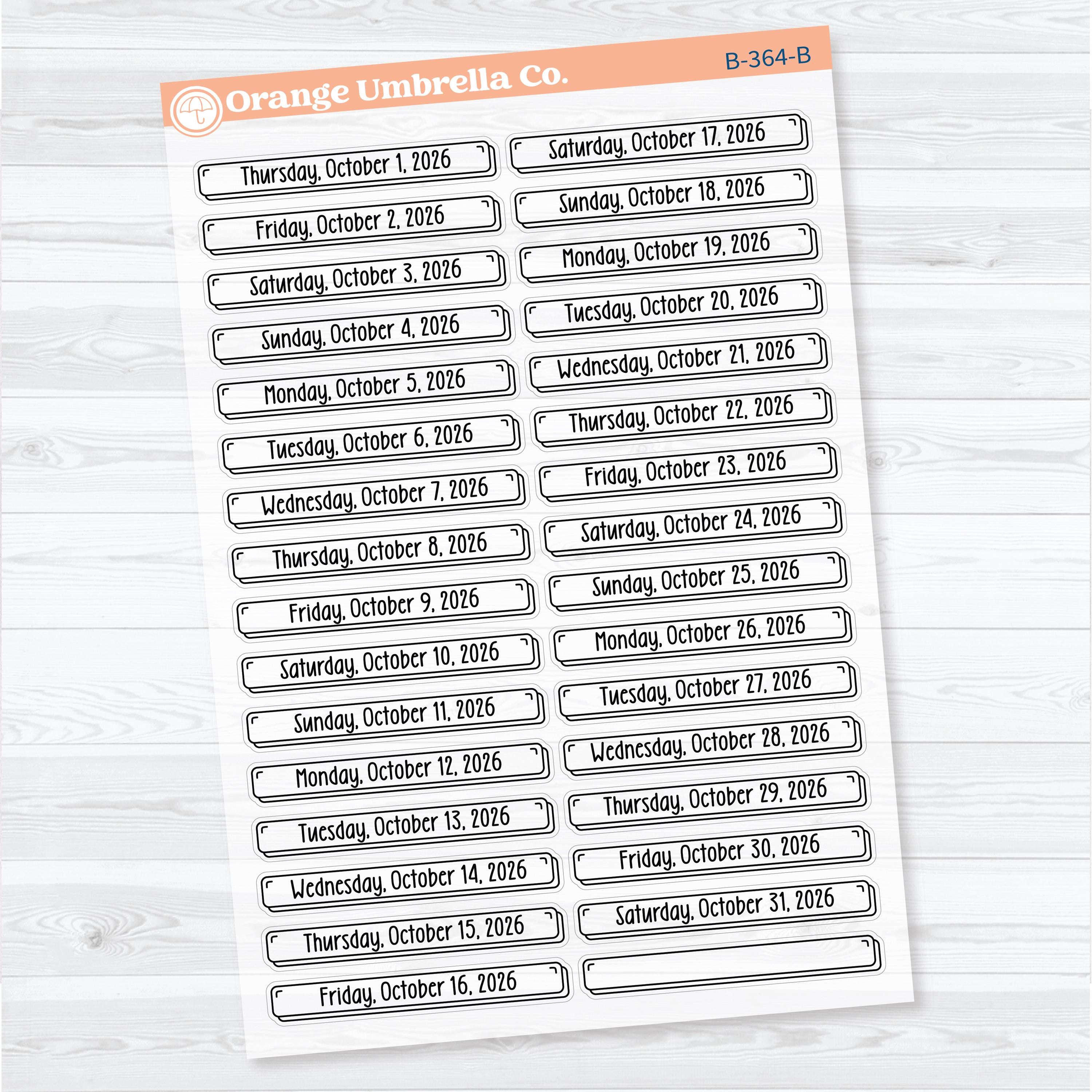 2026 Dates of the Month Labels | Clear Matte F18 Planner Stickers | July–December | B-361-366-BCM