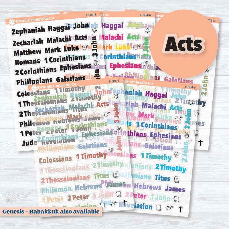 Clear matte Zephaniah to Revelation Books of the Bible planner stickers — transparent faith journaling stickers with 31 New Testament books and icons
