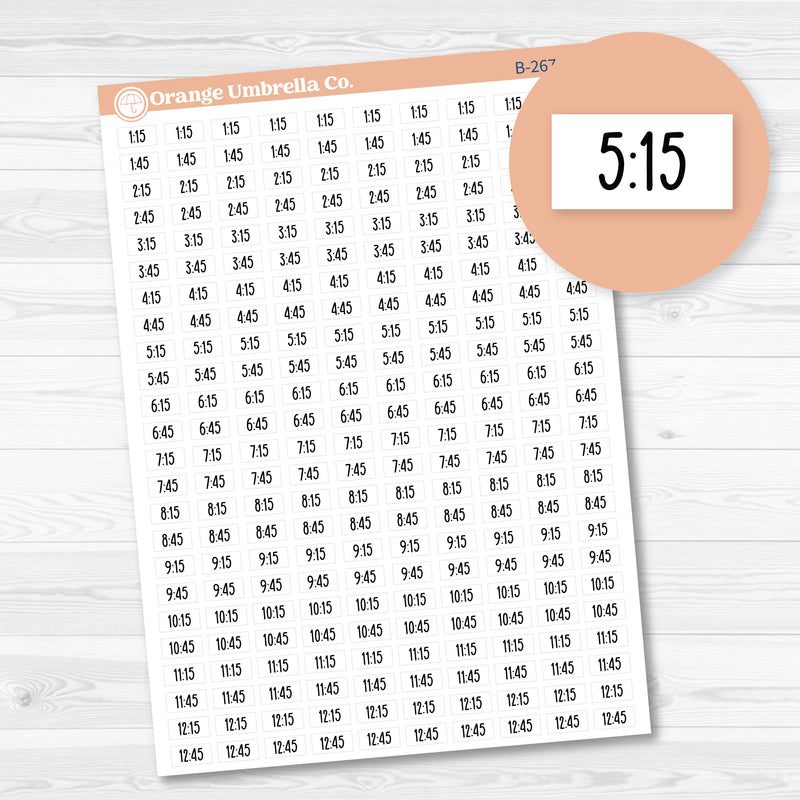 Quarter and three quarter hour time label planner stickers — F18 font stickers for 15-minute and 45-minute time-block planning
