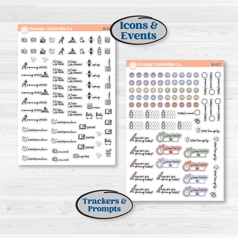 Wellness Pack planner stickers — Rest and Recharge bundle with icons, trackers, quotes, and washi for wellness and self-care planning
