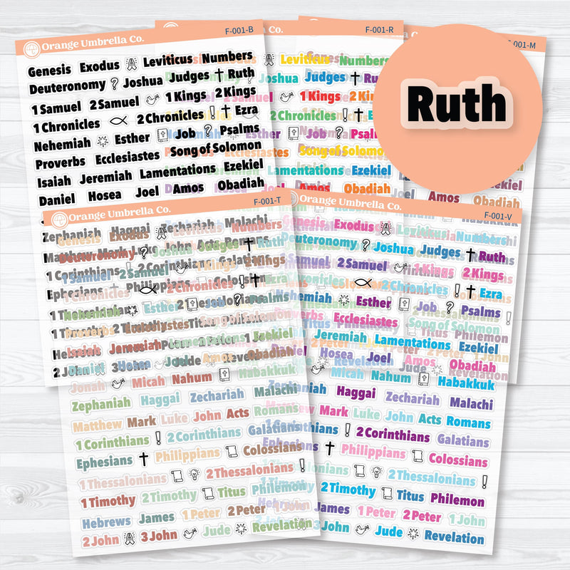 Clear matte Books of the Bible faith planner stickers — transparent Bible journaling stickers with 66 books and icons