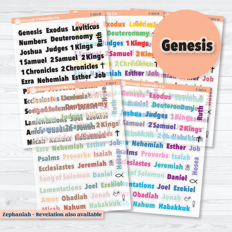 Clear matte Genesis to Habakkuk Books of the Bible planner stickers — transparent faith journaling stickers with Old Testament books and icons

