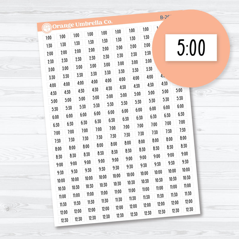 Hour and Half Hour Time Label planner stickers — F18 font daily schedule and appointment stickers for hourly and Hobonichi planners
